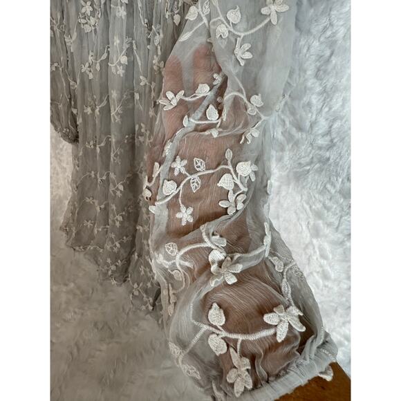 Sundance Platinum Gray Sheer Embroidered Floral Lace Peasant Dress Cottage 12 - Picture 5 of 13